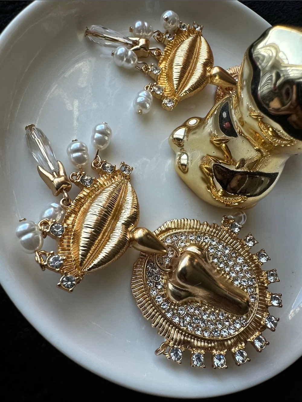 Gold-Tone Lip & Nose Statement Drop Earrings with Pearls